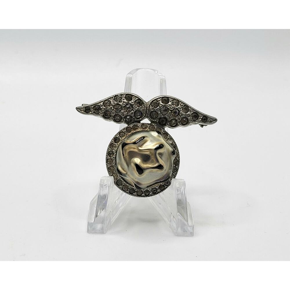 Vintage Art Deco Style Faux Pearl Brooch Rhinestone Wing Design